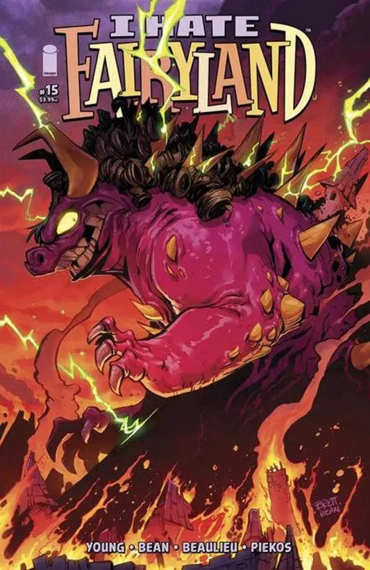 Fierce magenta dragon with dark spikes in flames on I Hate Fairyland trading card cover