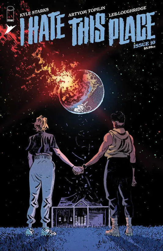 Comic book cover of I Hate This Place #10 with two figures and an exploding Earth