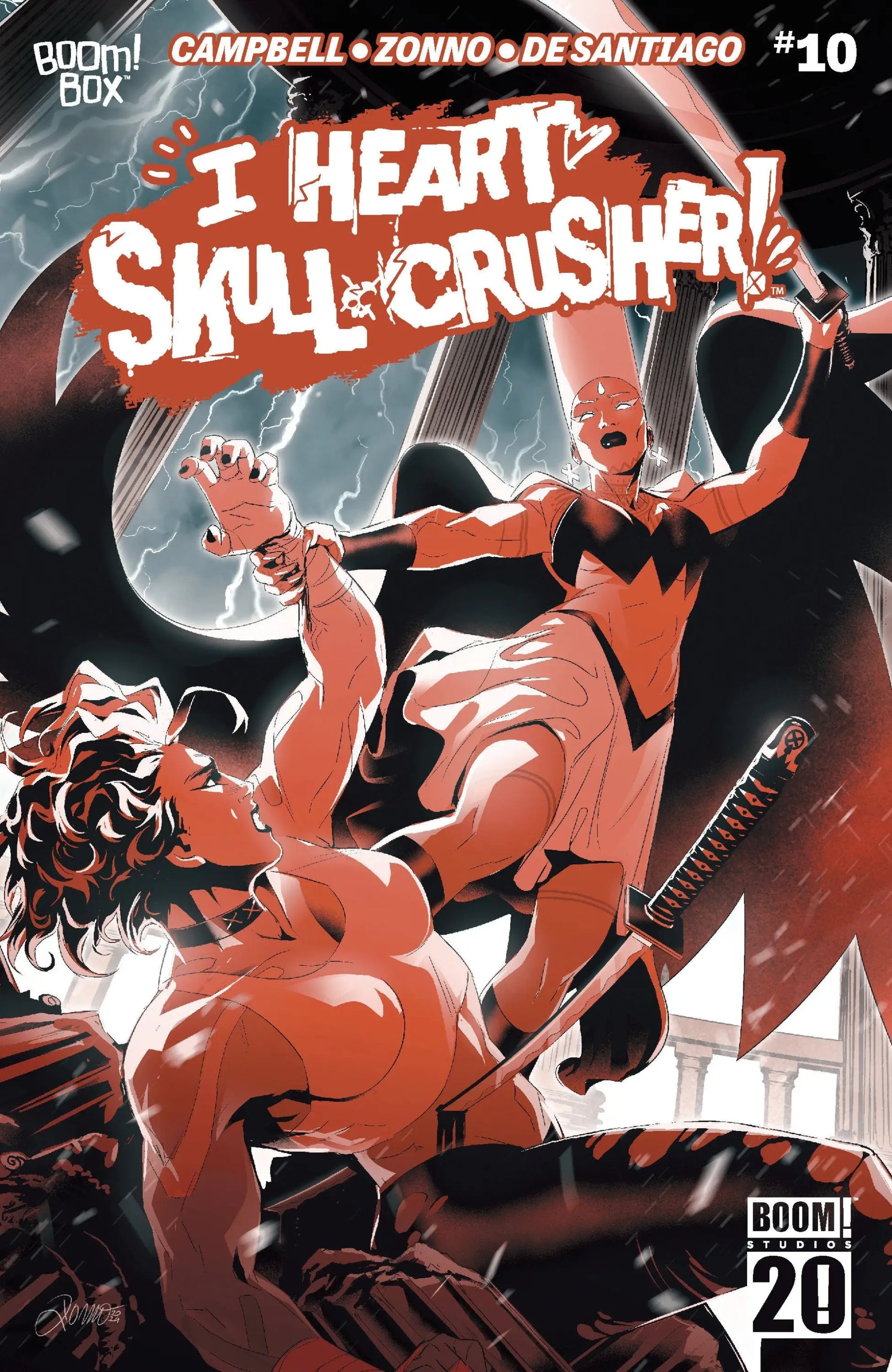 Comic book cover featuring dressed Zonno in dynamic pose with sword for I Heart Skull-Crusher