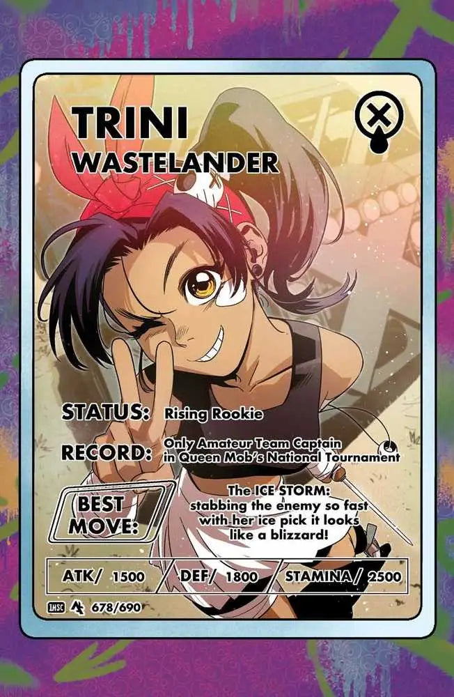 Anime-style trading card of a confident dark-haired character from I Heart Skull-Crusher