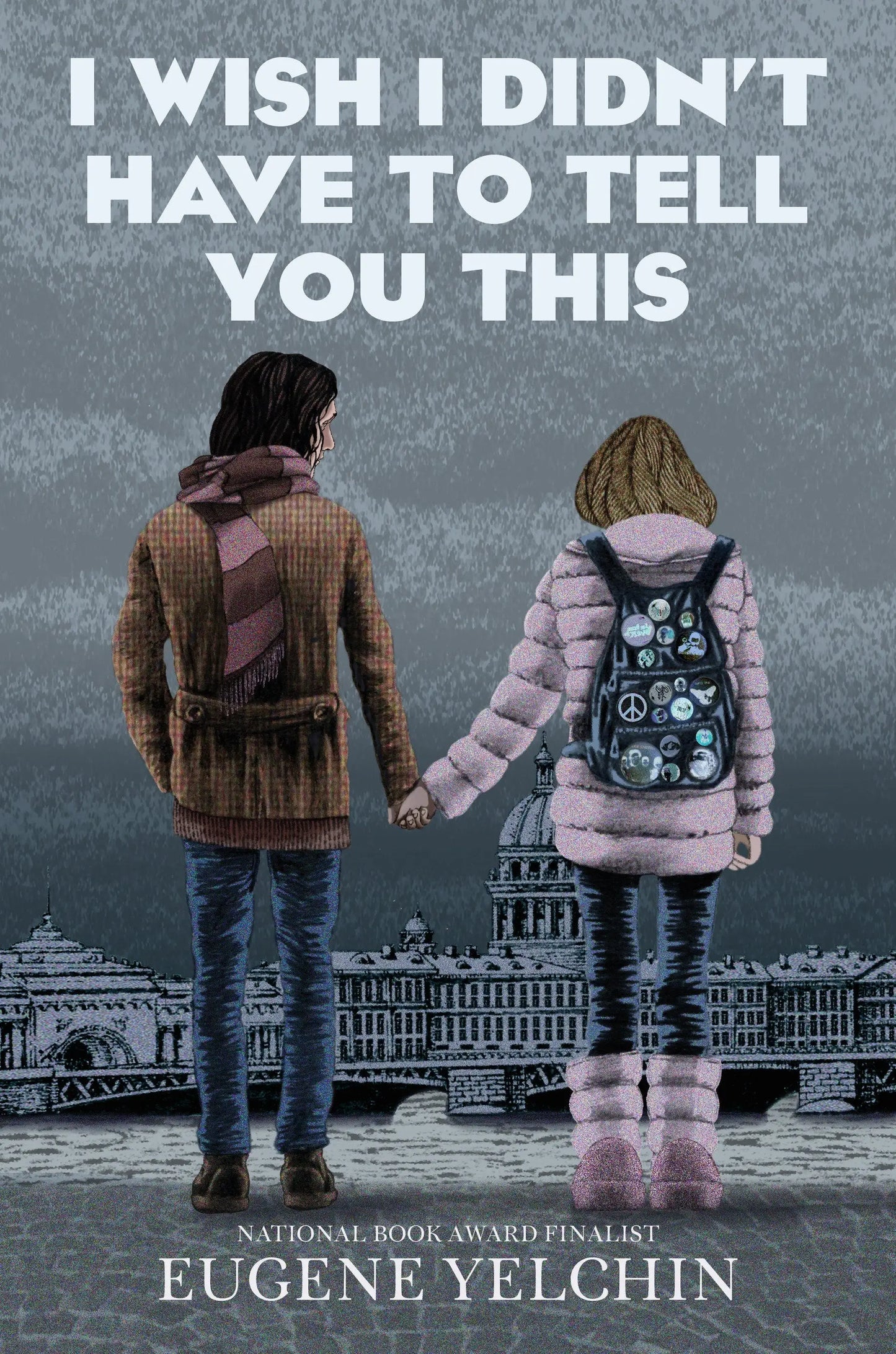 Book cover of a graphic memoir by Eugene Yelchin featuring two figures overlooking a cityscape