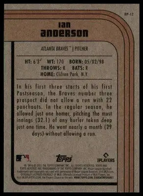 Ian Anderson 2021 Topps Heritage Rookie Performers #RP-12 Atlanta Braves - Baseball Card Single