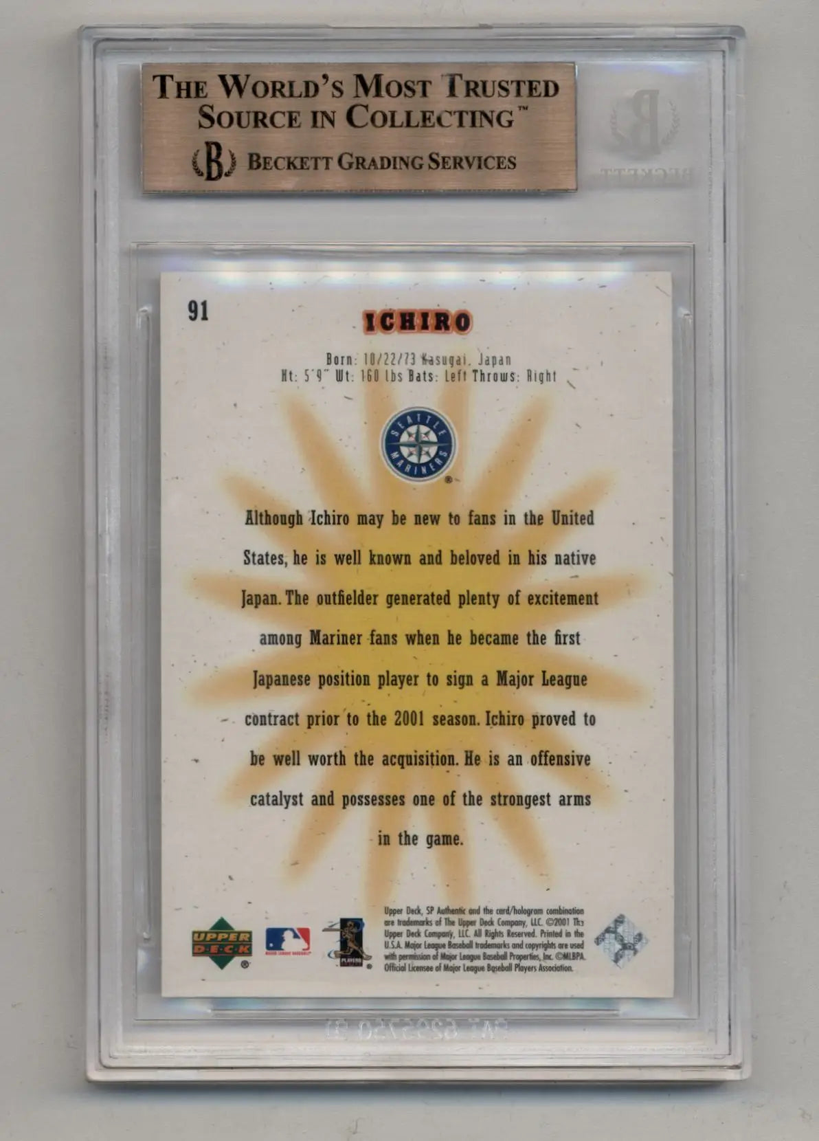 Ichiro Suzuki 2001 SP Authentic #91 0786/1250 BGS 9.5 Gem Mint - Baseball Card Single