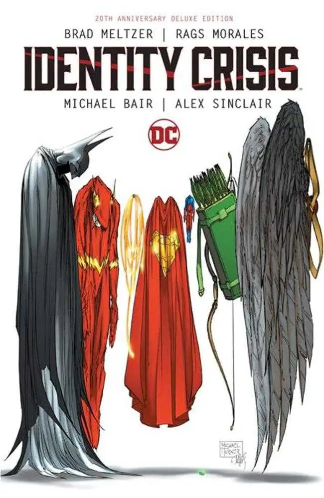 Comic book cover of Identity Crisis Deluxe Edition Hardcover with DC character silhouettes