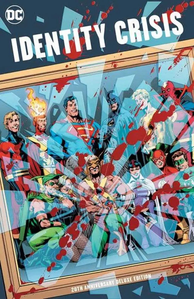 Comic book cover of DC’s Identity Crisis Deluxe Edition Hardcover with superheroes and shattered glass