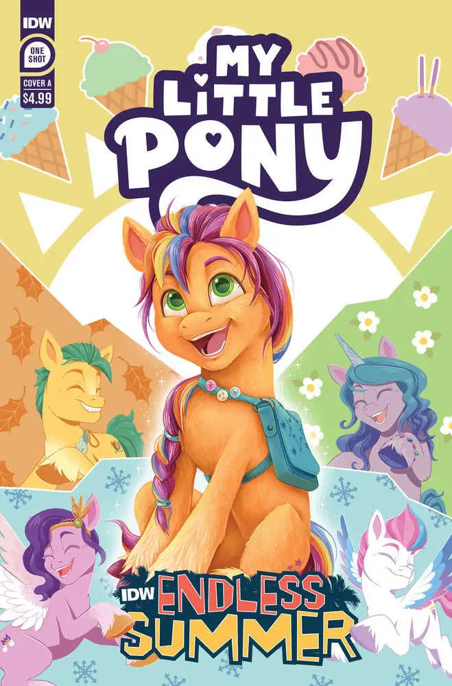 Comic book cover of cheerful orange pony with turquoise backpack from Endless Summer series