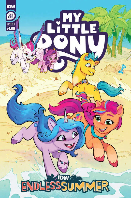 Comic book cover showcasing colorful ponies enjoying an endless summer at the beach