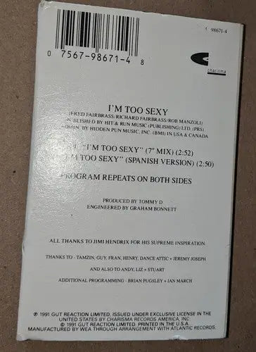Cassette single cover for Im Too Sexy by Right Said Fred Spanish version fred cassette single