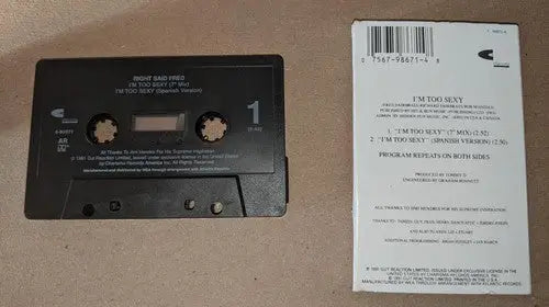Audio cassette tape and paper sleeve of I’m Too Sexy Fred cassette single Spanish version