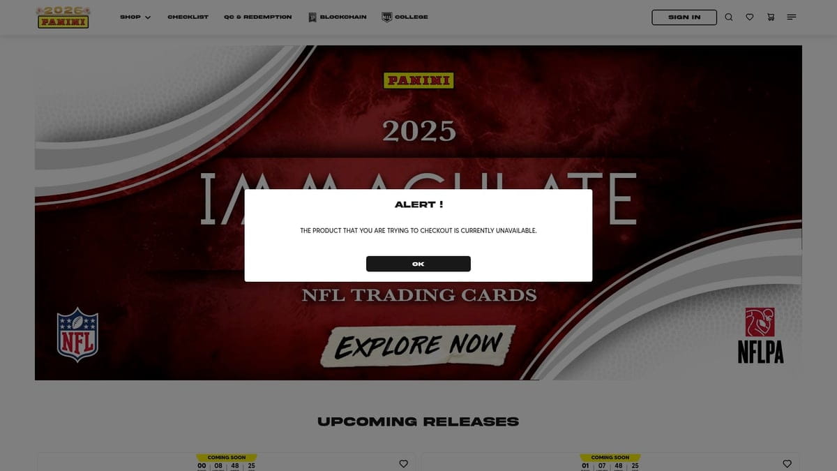 Football cards hobby box unavailable alert in checkout