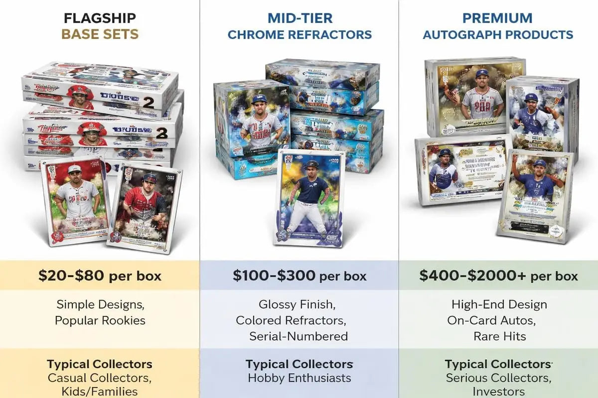Topps baseball cards: flagship base sets $20-$80, mid-tier chrome refractors