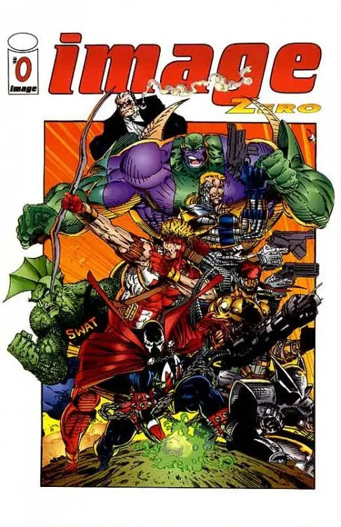 Comic book cover of Image Zero featuring superheroes in battle by Todd McFarlane