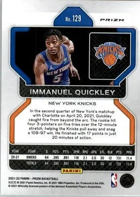 Immanuel Quickley - 2021-22 Panini Prizm - #129 - Silver Basketball - Basketball Card Single