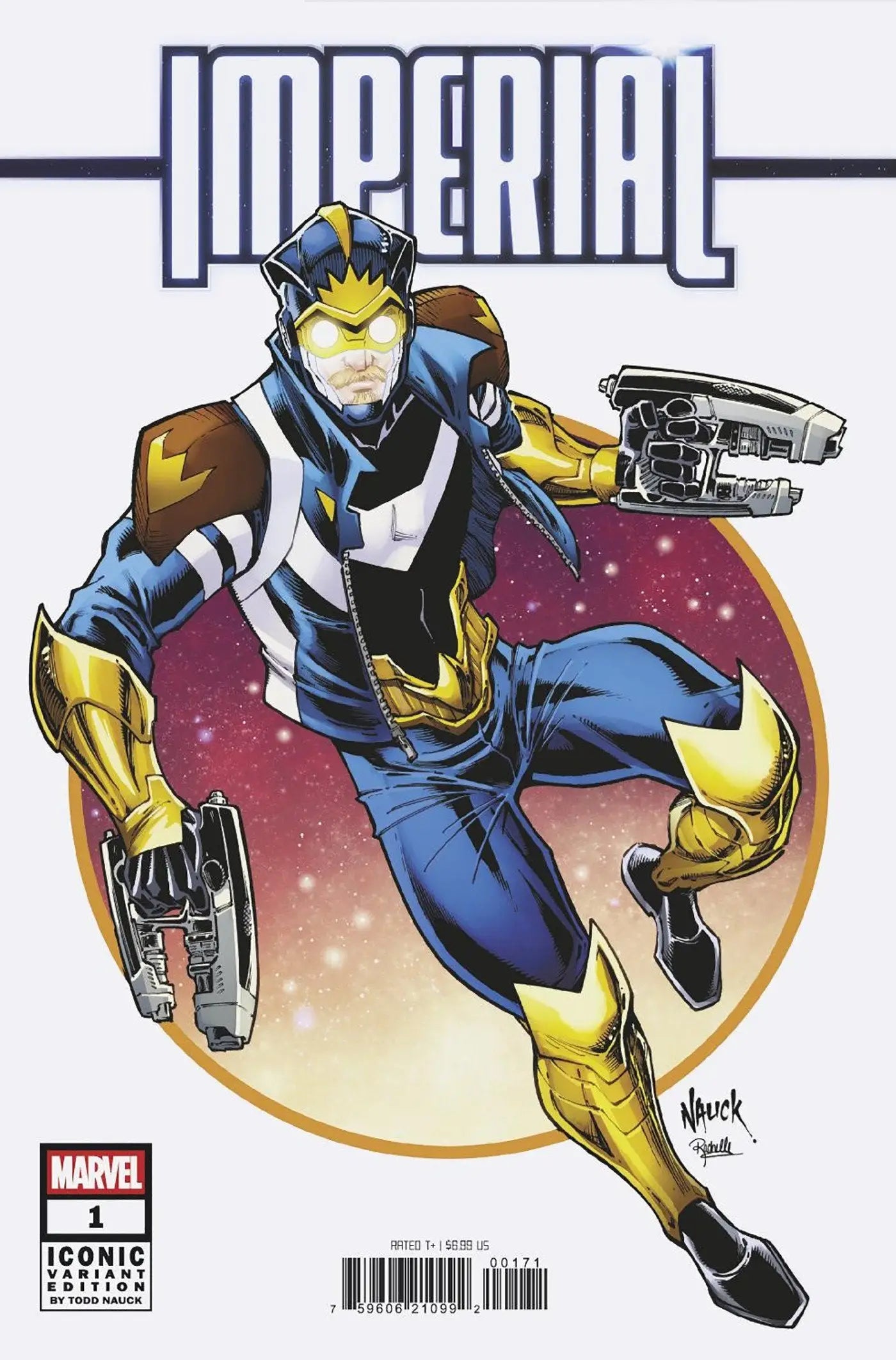 Comic book featuring superhero in blue and gold suit from Todd Nauck Iconic Variant