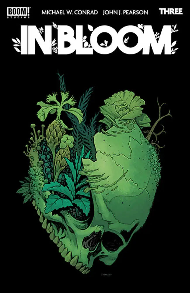 Comic book cover for In Bloom #3 featuring a skull overgrown with green plants