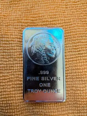 Indian Head 1 oz Silver Bar.999 Fine Bullion Ingot - 1 Troy Ounce - Coins & Currency