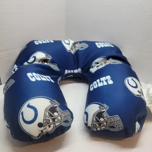 Blue U-shaped neck pillow with Indianapolis Colts football helmets and team name for man cave