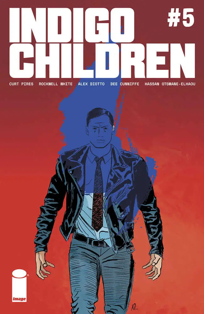 Comic book cover for Indigo Children #5 featuring a blue silhouette in a leather jacket
