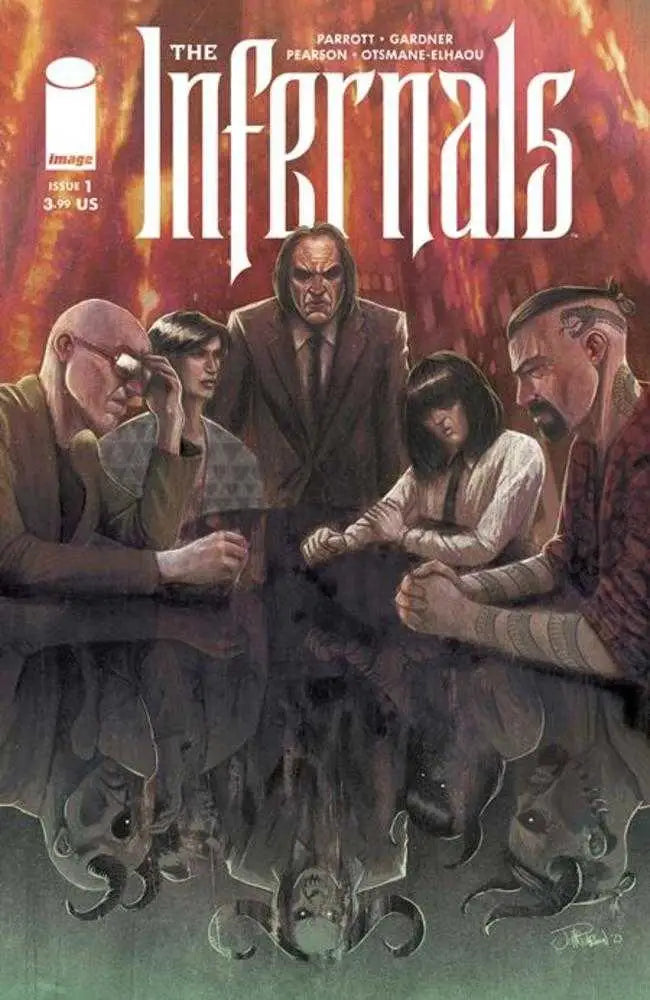 Comic book cover for The Infernals with characters reflecting ominously beneath a table