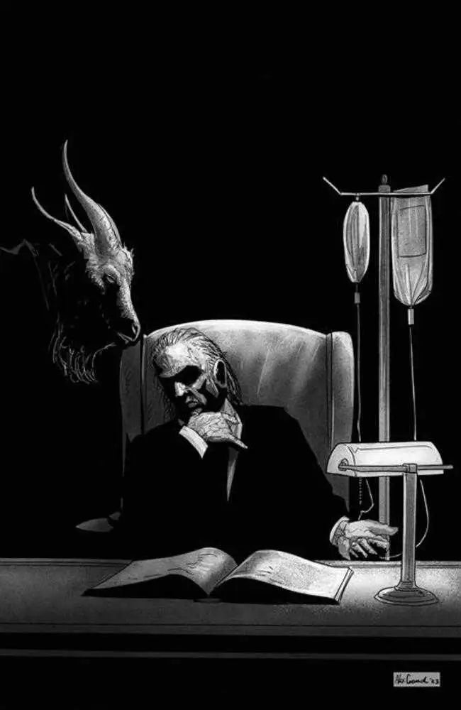 Skull in a suit at desk with horned creature for Infernals #1 Cover B Cormack Variant