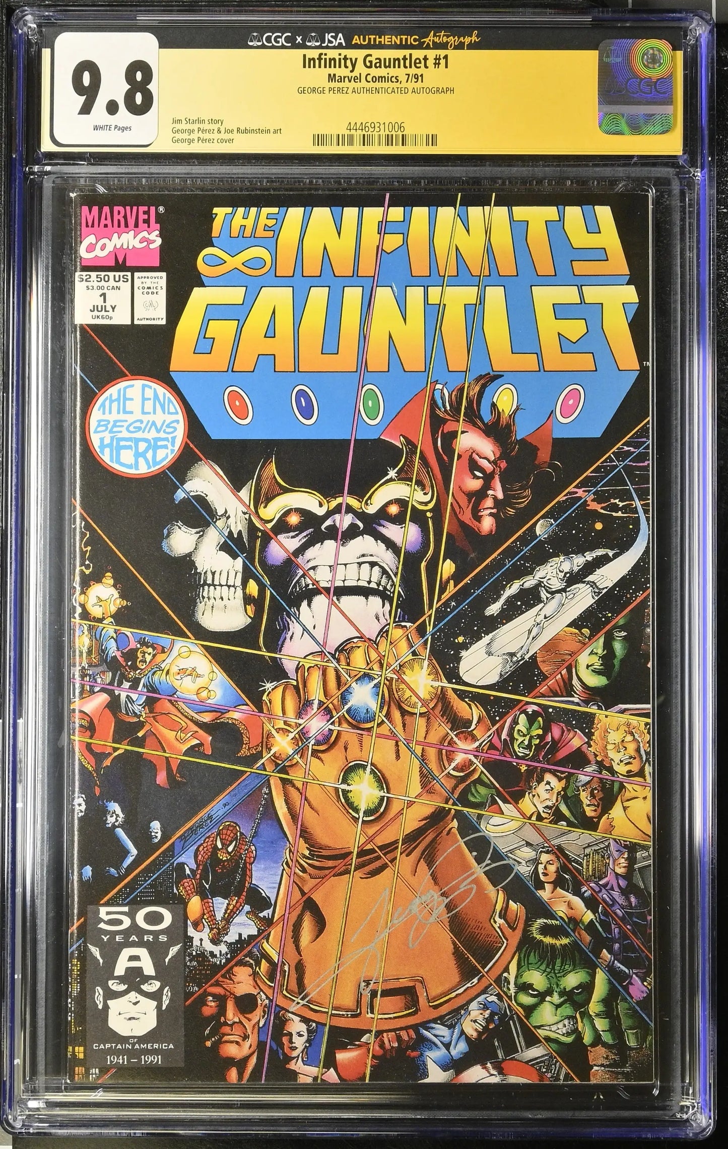 CGC 9.8 graded Infinity Gauntlet #1 signed by George Perez in protective slab