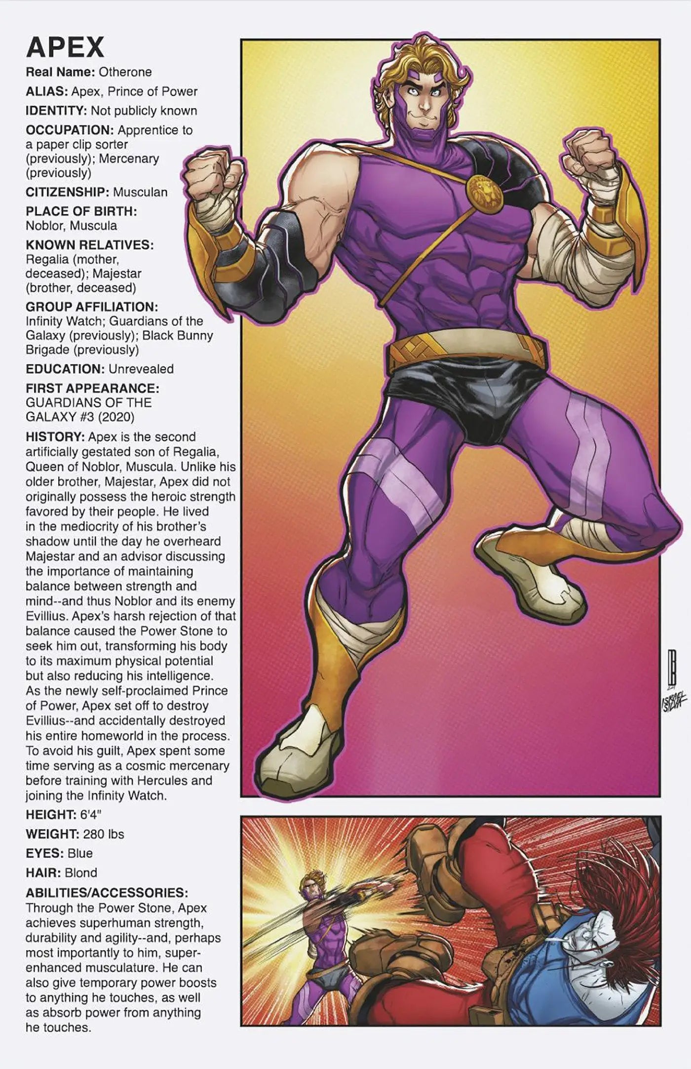 Comic book character profile from Infinity Watch featured in David Baldeon Handbook Variant
