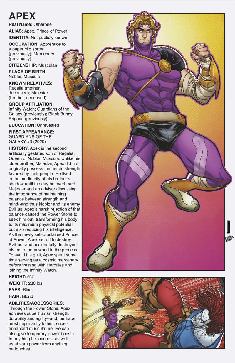 Comic book character profile from Infinity Watch featured in David Baldeon Handbook Variant