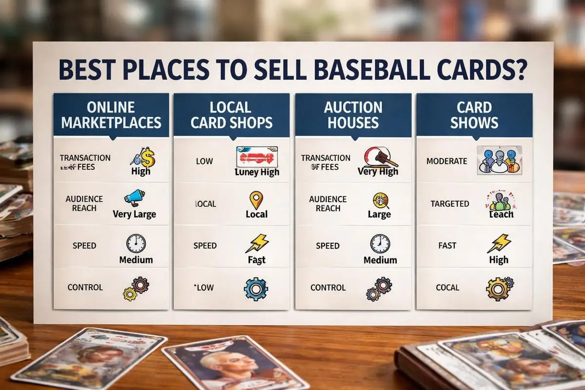 Infographic titled best places to sell baseball cards showing comparison charts of online marketplaces local card shops auction houses and card shows in the article sell my baseball cards complete 2026 guide for collectors.