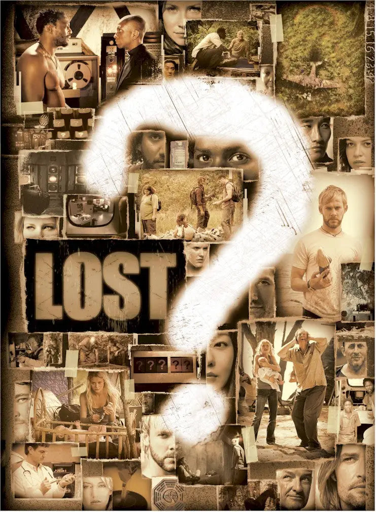 Collage of sepia images with a question mark uncut in Lost Season 2 mini-press sheet