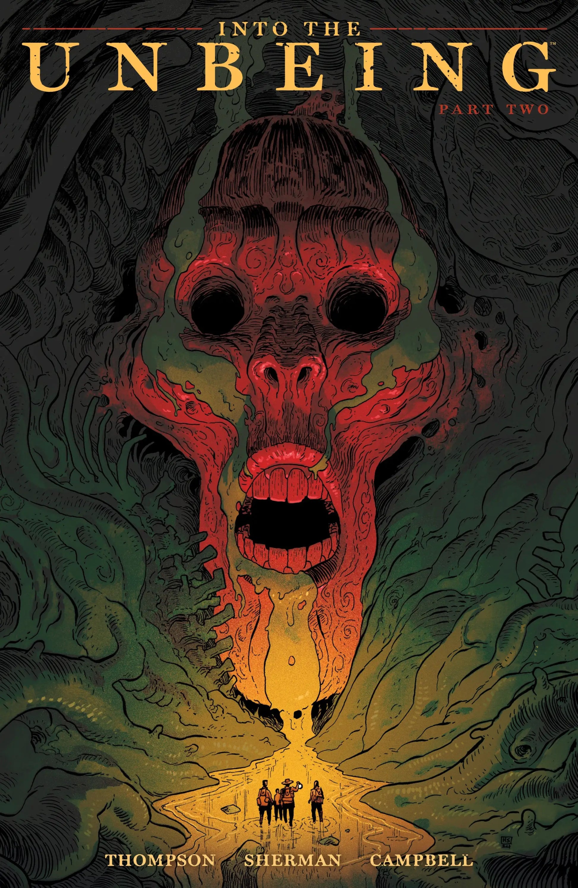 Horrific monstrous face as cavern entrance from Into The Unbeing Volume 2 by acclaimed writer Zac Thompsons
