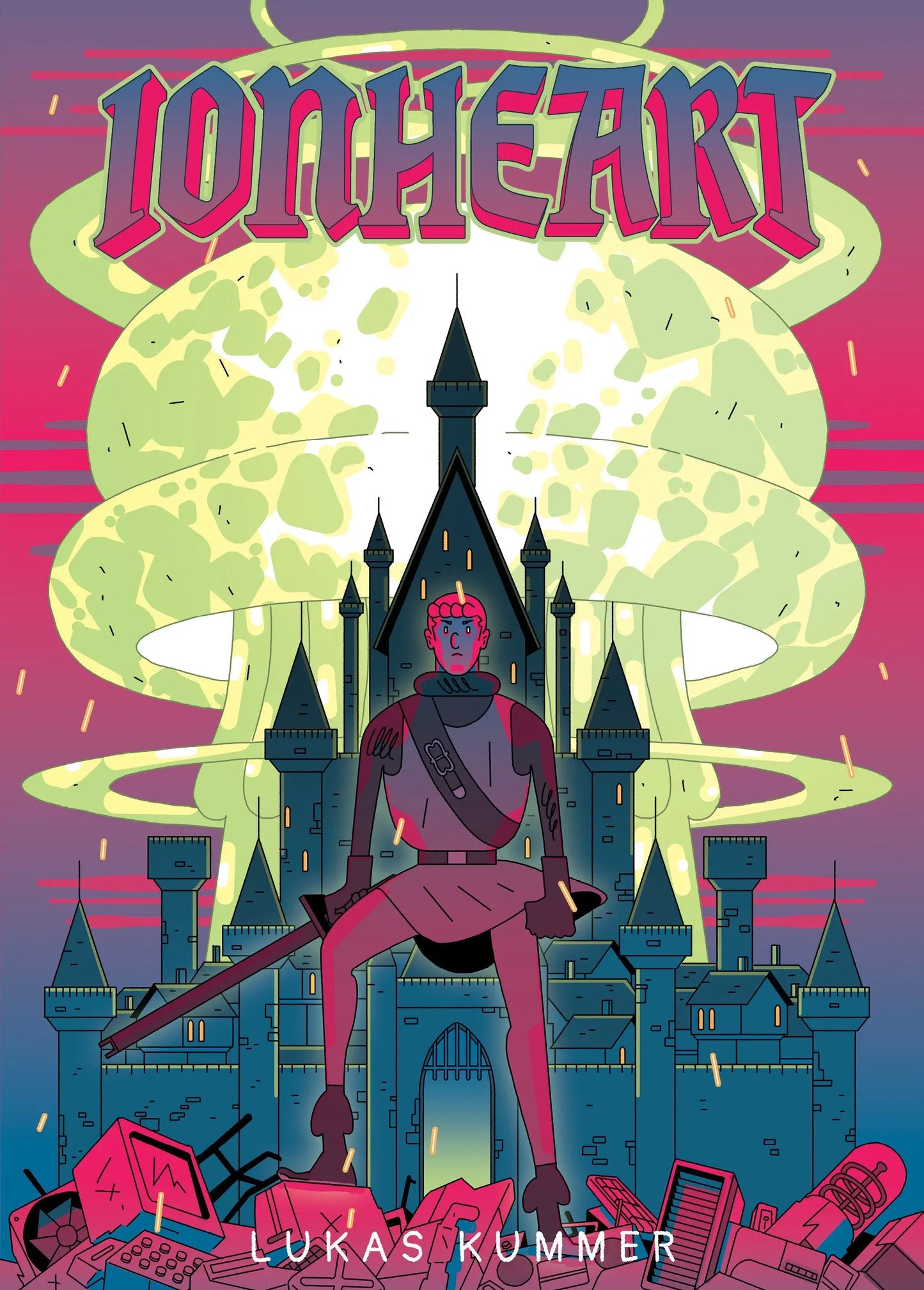 Ionheart graphic novel with vibrant retro-futuristic cover featuring knight and castle under mushroom cloud