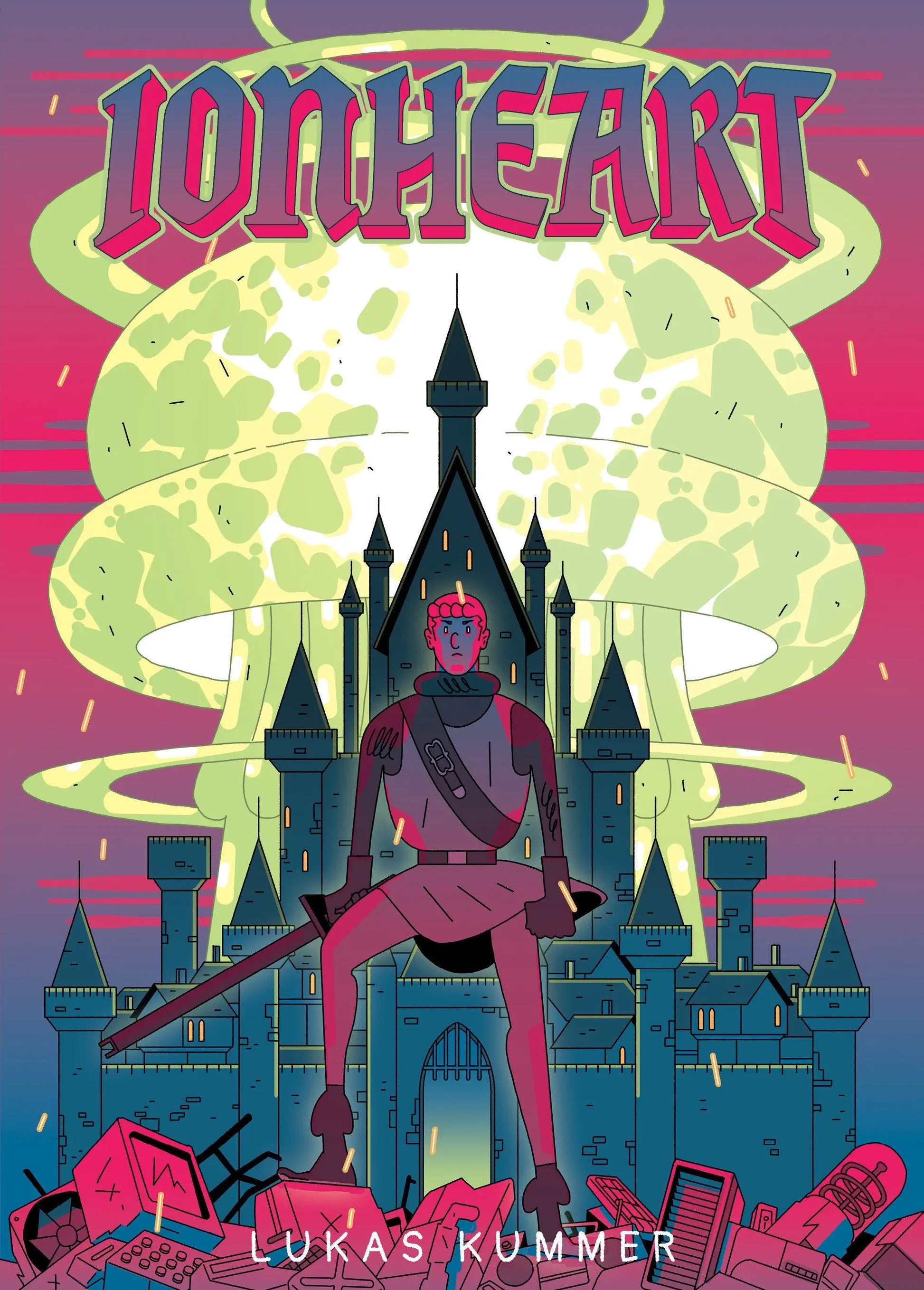 Ionheart graphic novel with vibrant retro-futuristic cover featuring knight and castle under mushroom cloud