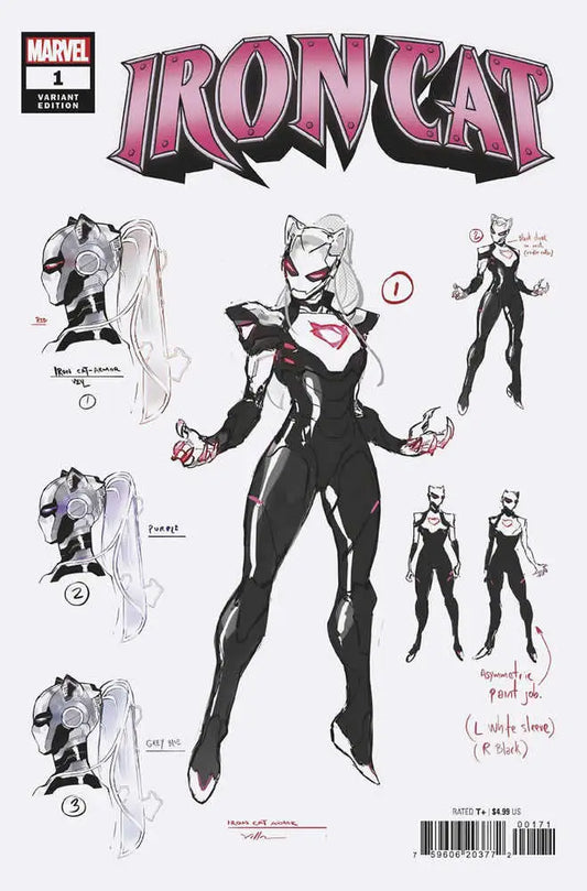 Comic book cover of Iron Cat showcasing character designs and armor development