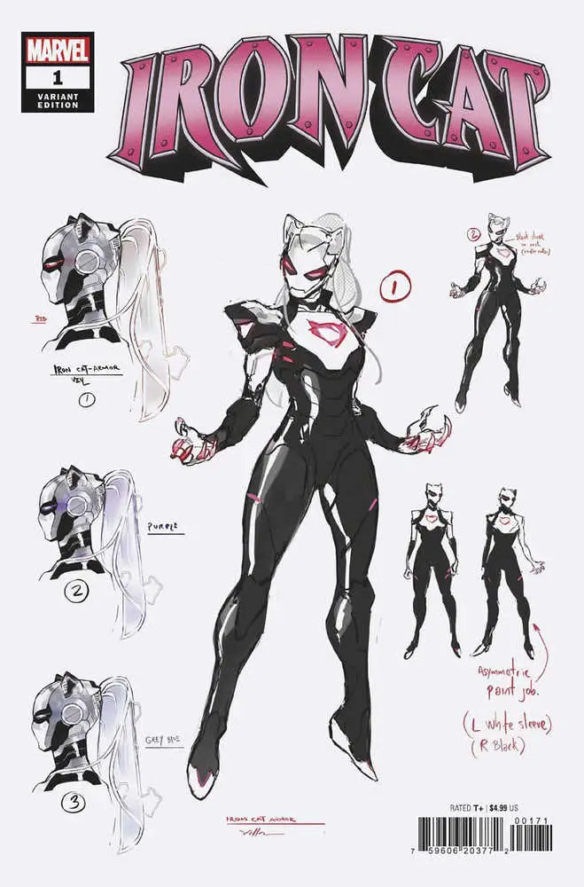 Comic book cover of Iron Cat showcasing character designs and armor development
