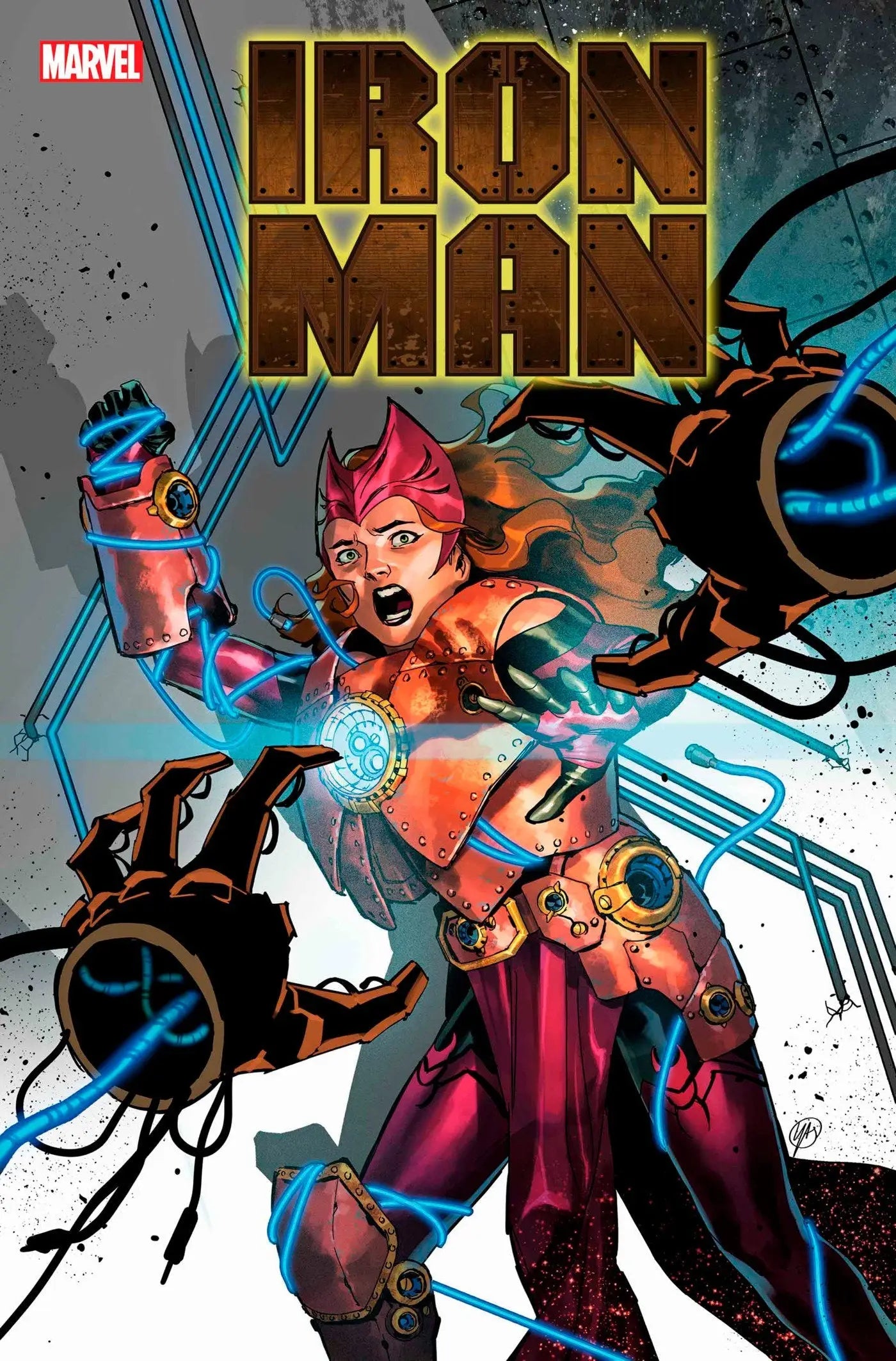 Comic book cover of Iron Man #4 featuring red-haired armored figure with blue tech