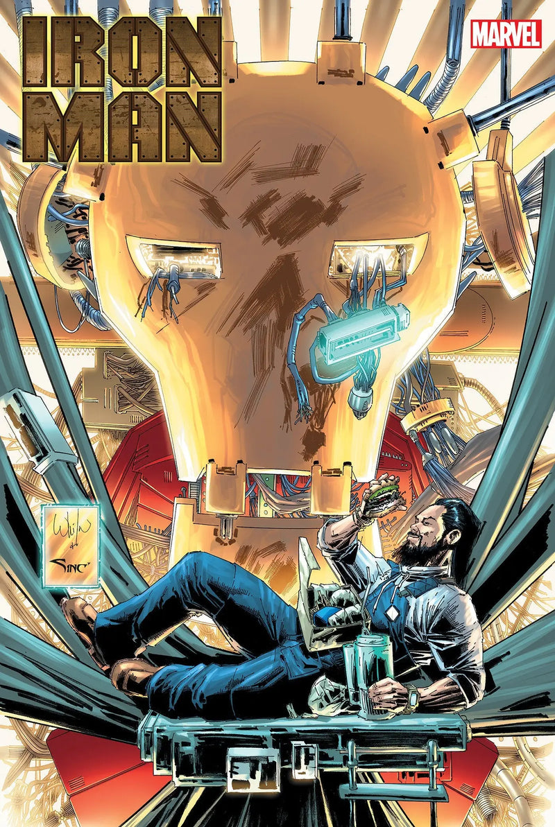 Iron Man #4 Whilce Portacio Variant cover with Iron Man and a glowing robotic head