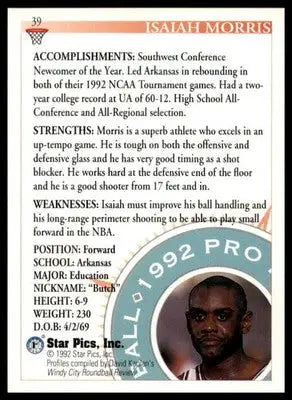 Isaiah Morris 1992 Star Pics #39 Arkansas Razorbacks - Basketball Card Single