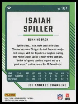 Isaiah Spiller 2024 Donruss Optic #107 Los Angeles Chargers