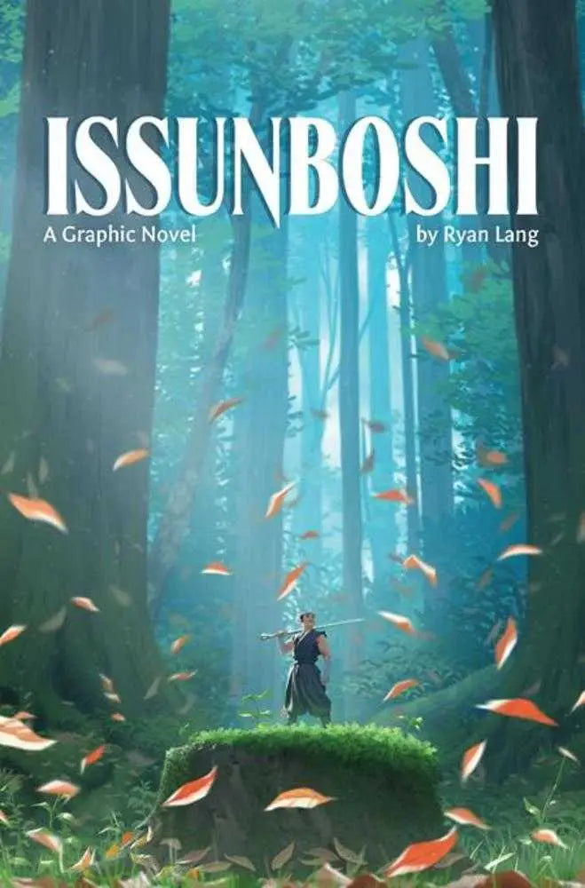 Book cover for Issunboshi graphic novel by Ryan Lang with a figure in a misty forest