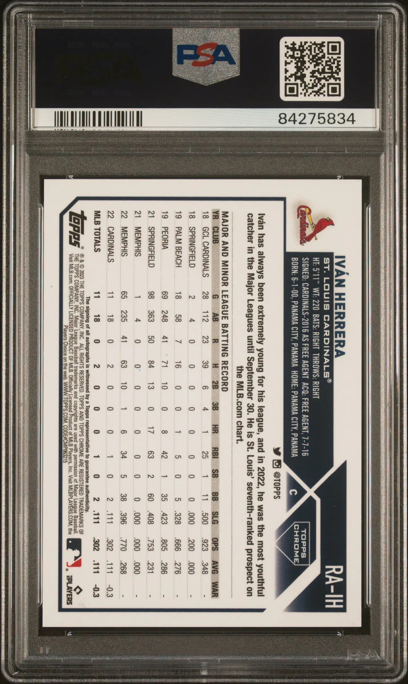 PSA-graded Ivan Herrera 2023 Topps Chrome Rookie Autograph Orange Auto card back view