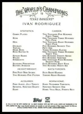 Ivan Rodriguez 2022 Topps Allen & Ginter #19 Texas Rangers - Baseball Card Single