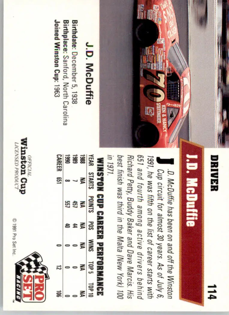 J.D. McDuffie - 1991 Pro Set - #114 - Racing - Racing Card Single