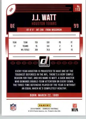 J.J. Watt - 2018 Donruss - #113 - Football - Football Card Single