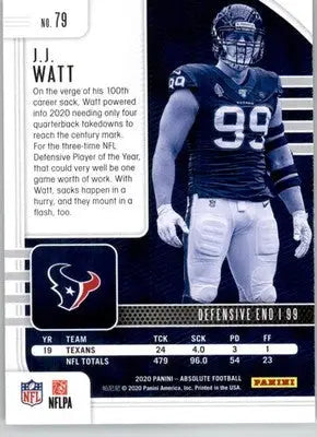 J.J. Watt - 2020 Panini Absolute - #79 - Red Football - Football Card Single