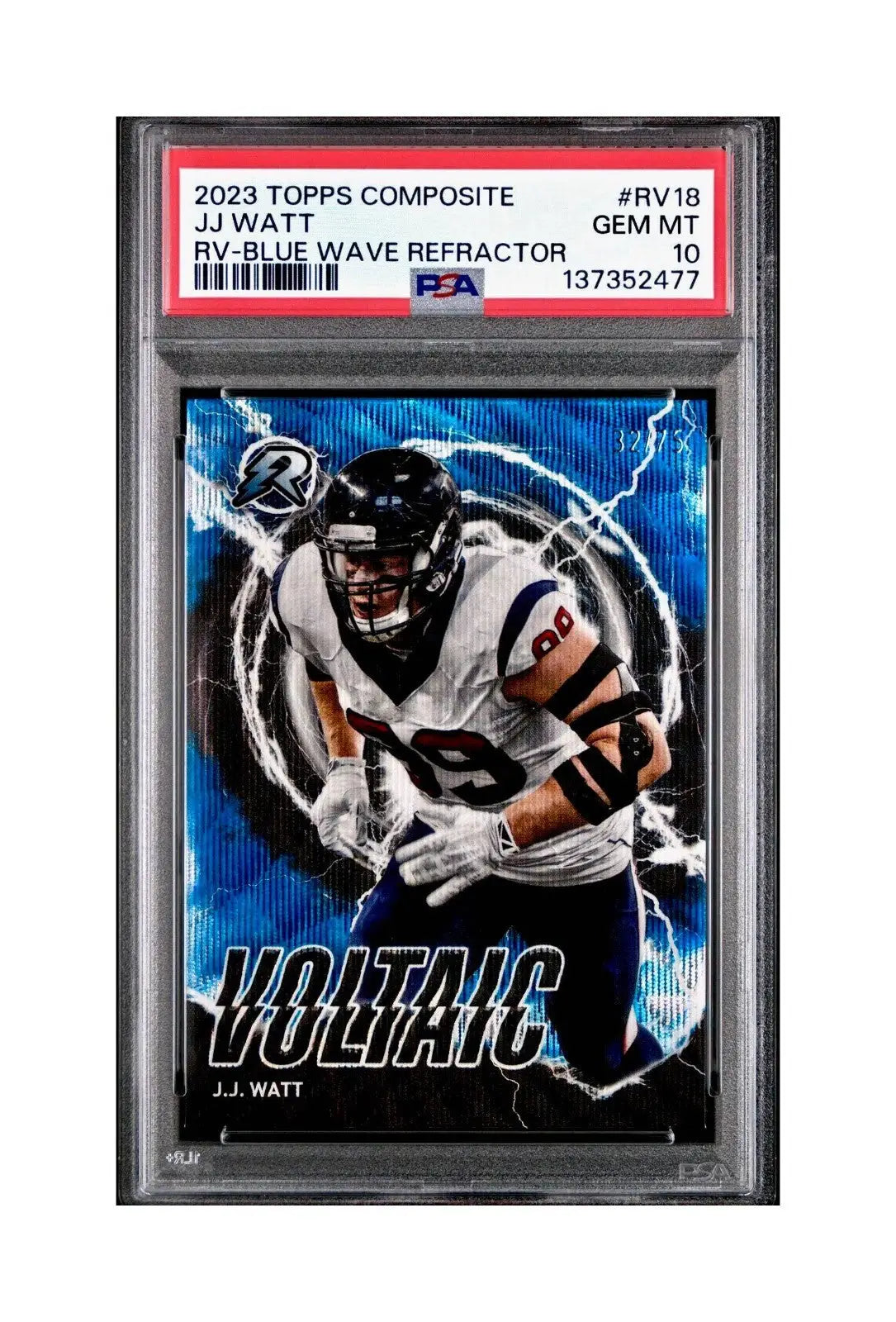 J.J. Watt 2023 Topps Resurgence Voltaic Blue Wave Refractor #RV-18 32/75 PSA 10