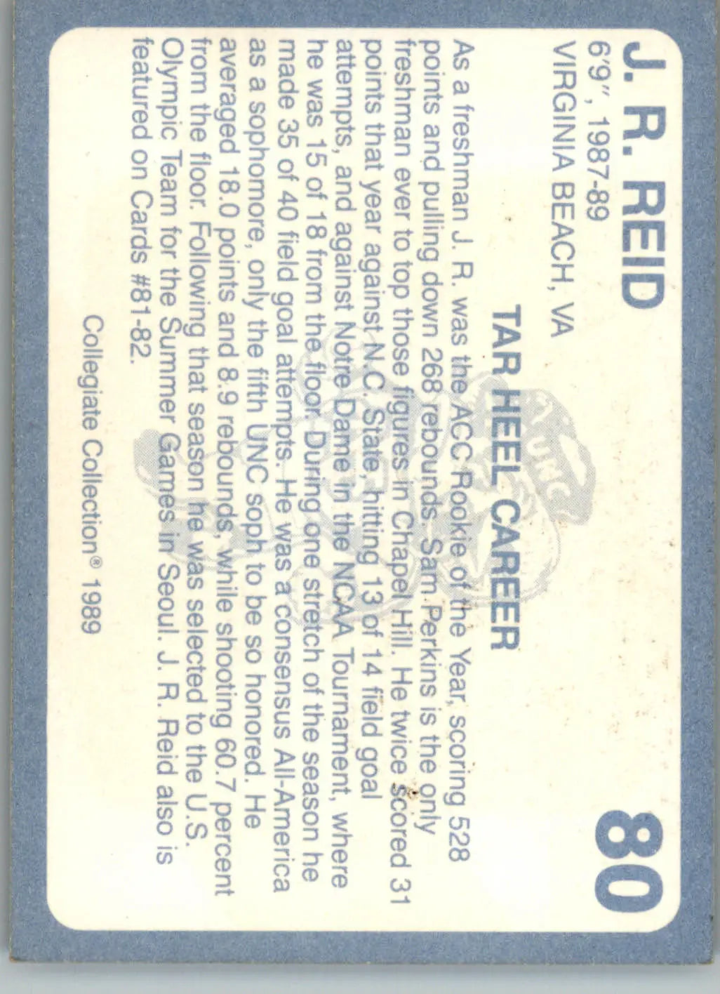 J.R. Reid - 1989 Collegiate Collection North Carolina’s Finest - #80 - Basketball Card Single