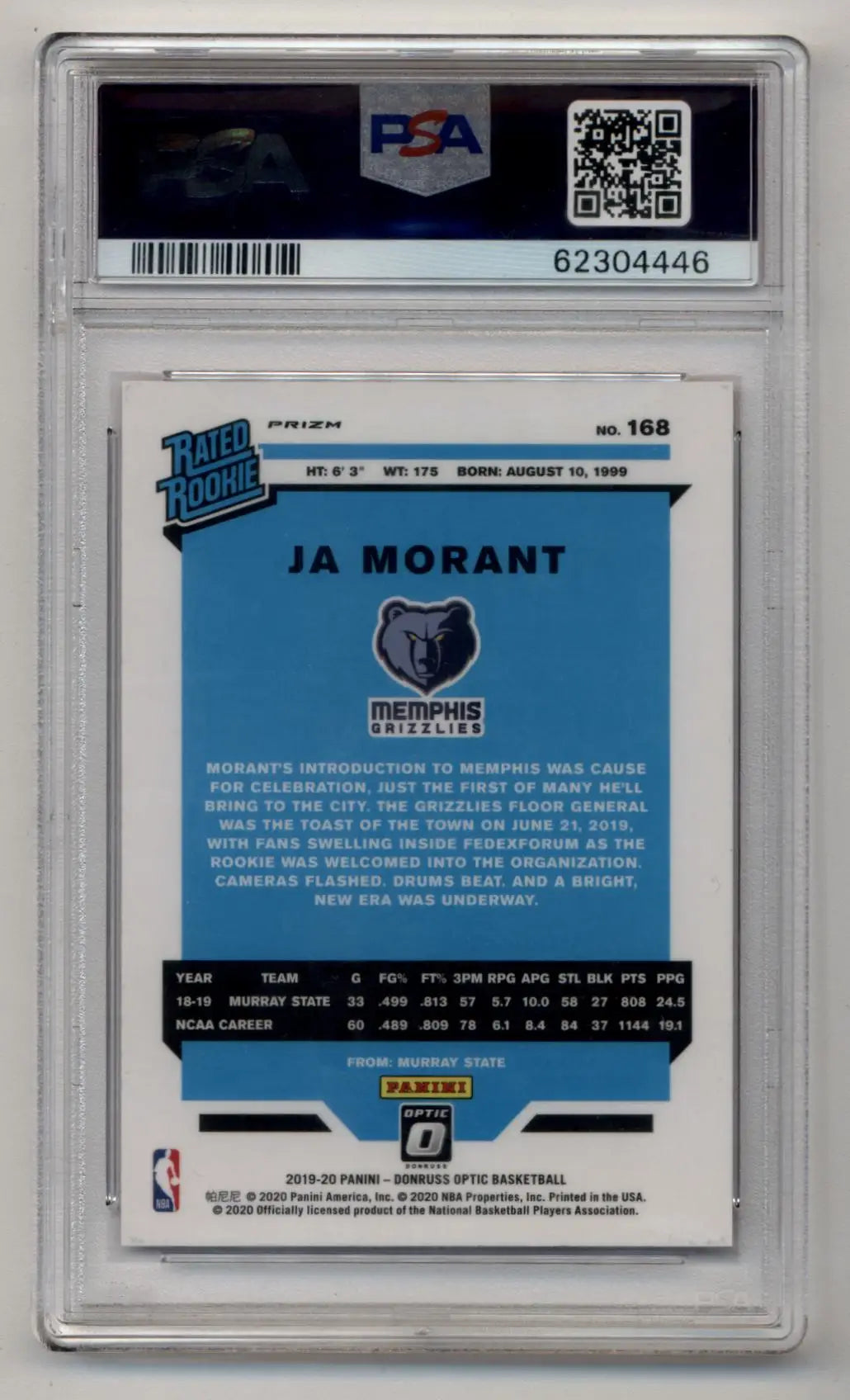 Ja Morant 2019-20 Donruss Optic Hyper Pink #168 PSA 10 Gem Mint - Basketball Card Single