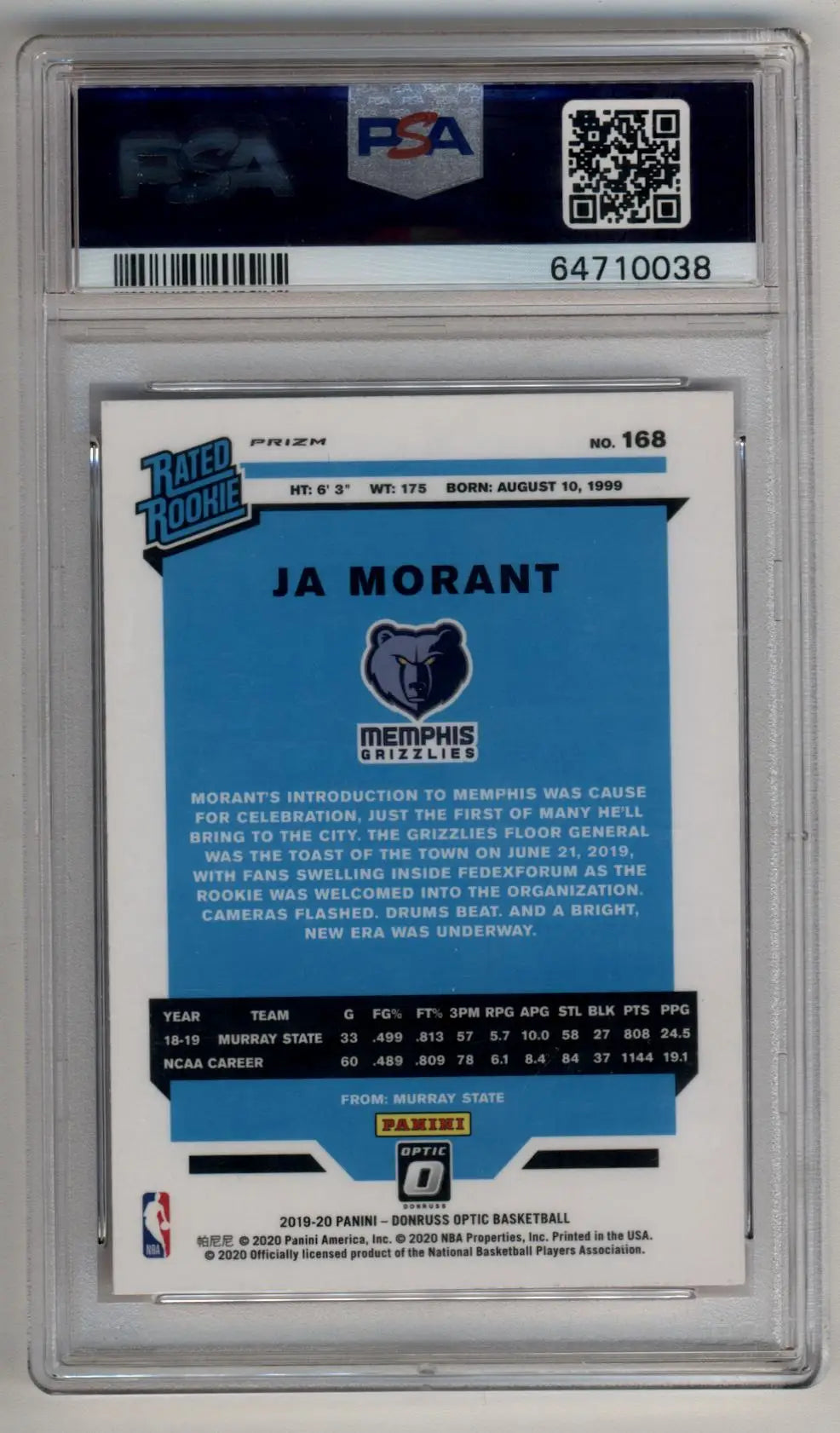 Ja Morant 2019-20 Donruss Optic Hyper Pink #168 Rated Rookie PSA 10 Gem Mint - Basketball Card Single