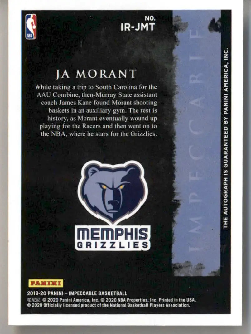 Ja Morant 2019-20 Impeccable Rookie Signatures #IR-JMT 22/25 - Basketball Card Single