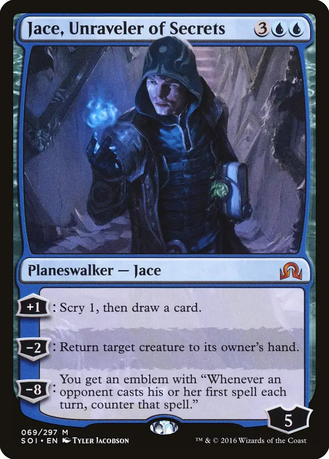 Magic The Gathering Jace Unraveler of Secrets card from Shadows over Innistrad set